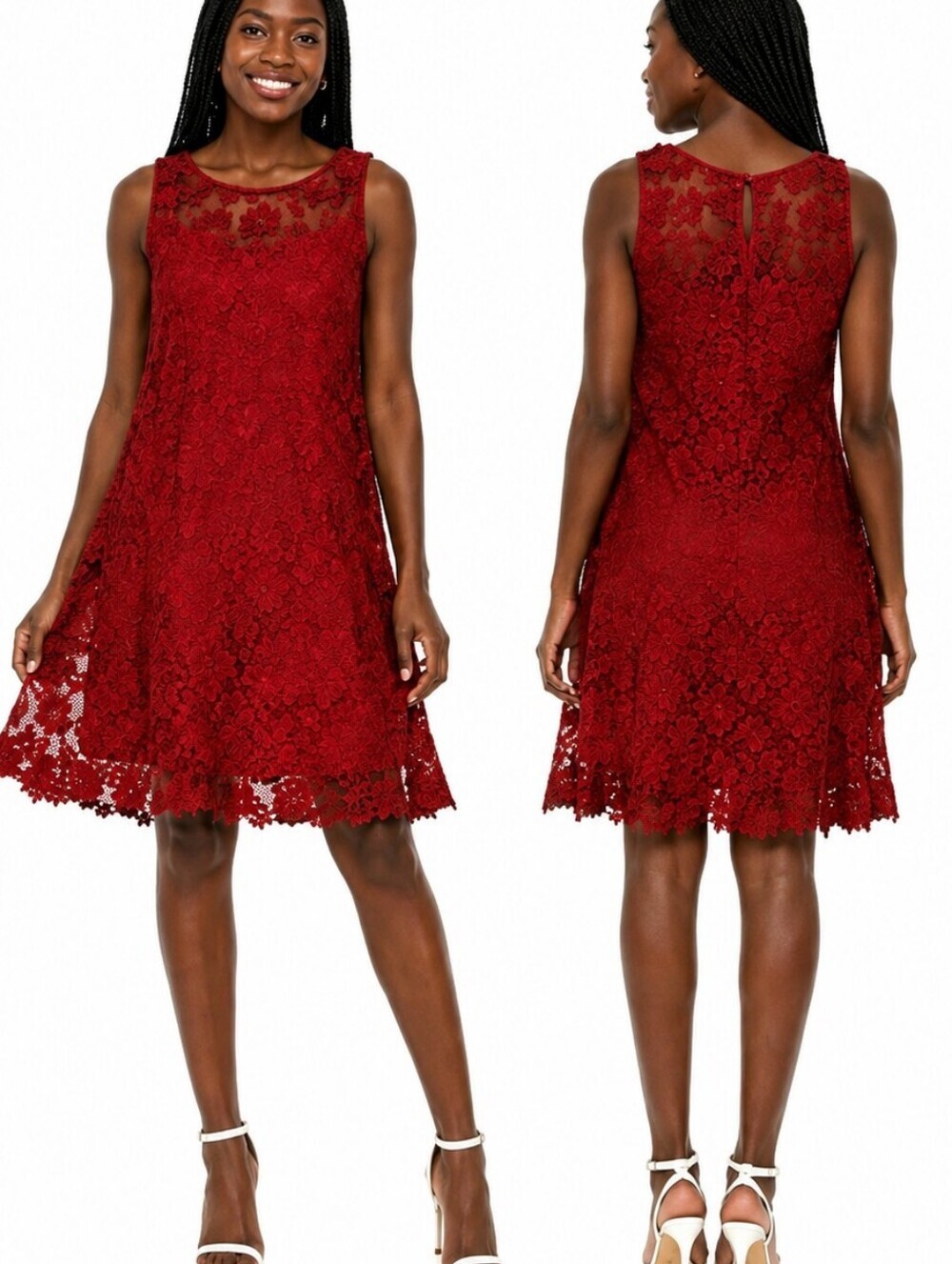 ROZ & ALI Women's Crimson Lace Overlay A-Line Dress. EUC